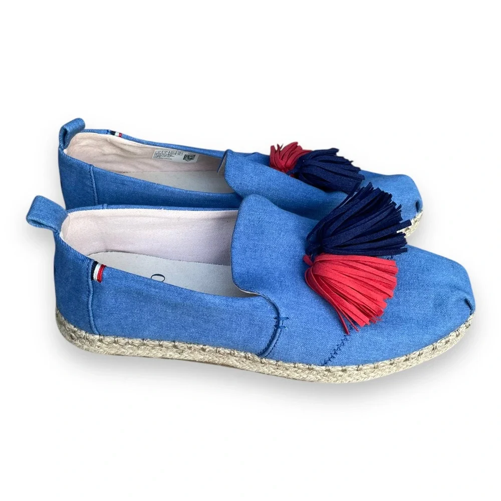 Clare V. x TOMS Women's 8 Blue Chambray Espadrille Tassel Slip On Shoes Flat